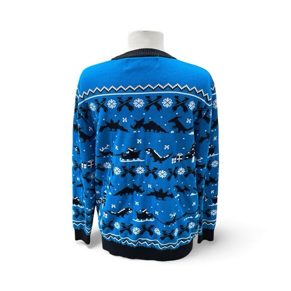 Excision Christmas Sweater Blue Pixelated Pattern Dinosaurs Men’s Size Large EUC - Picture 2 of 10